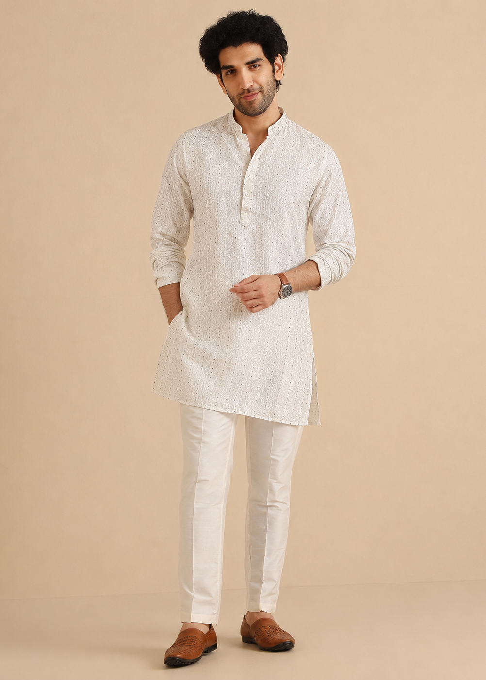 Off-White Embroidered Kurta Pajama Set