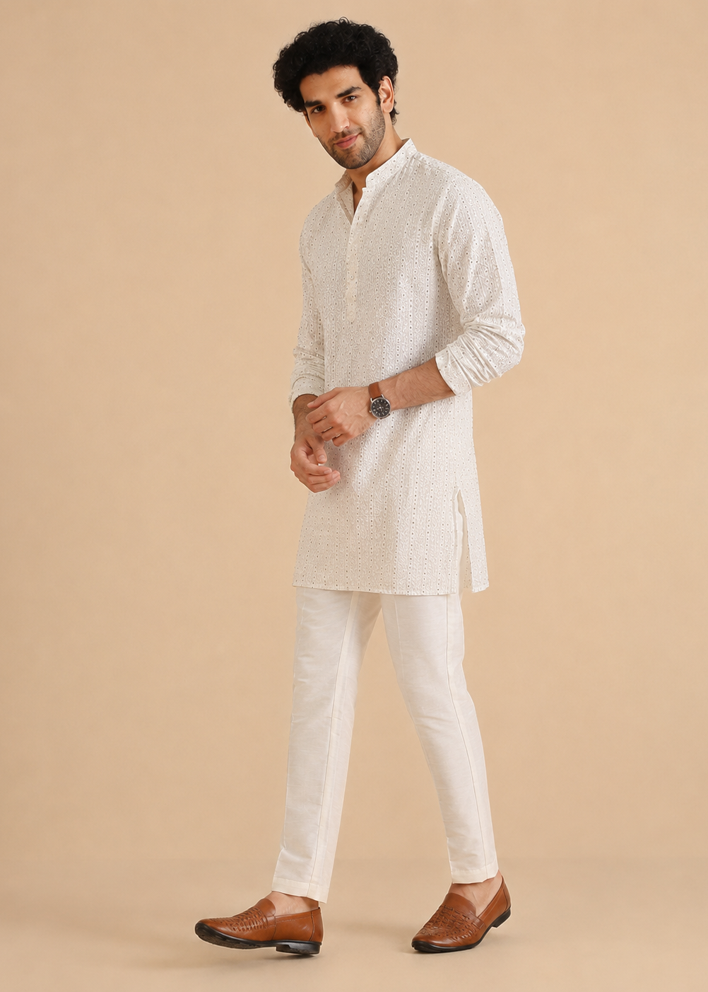 Off-White Embroidered Kurta Pajama Set