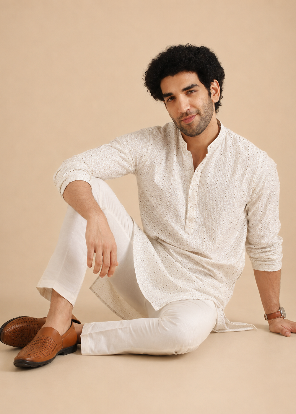 Off-White Embroidered Kurta Pajama Set