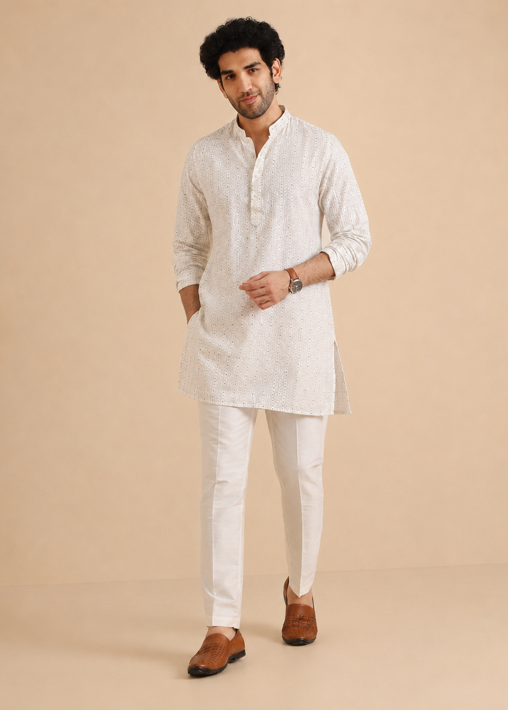 Off-White Embroidered Kurta Pajama Set
