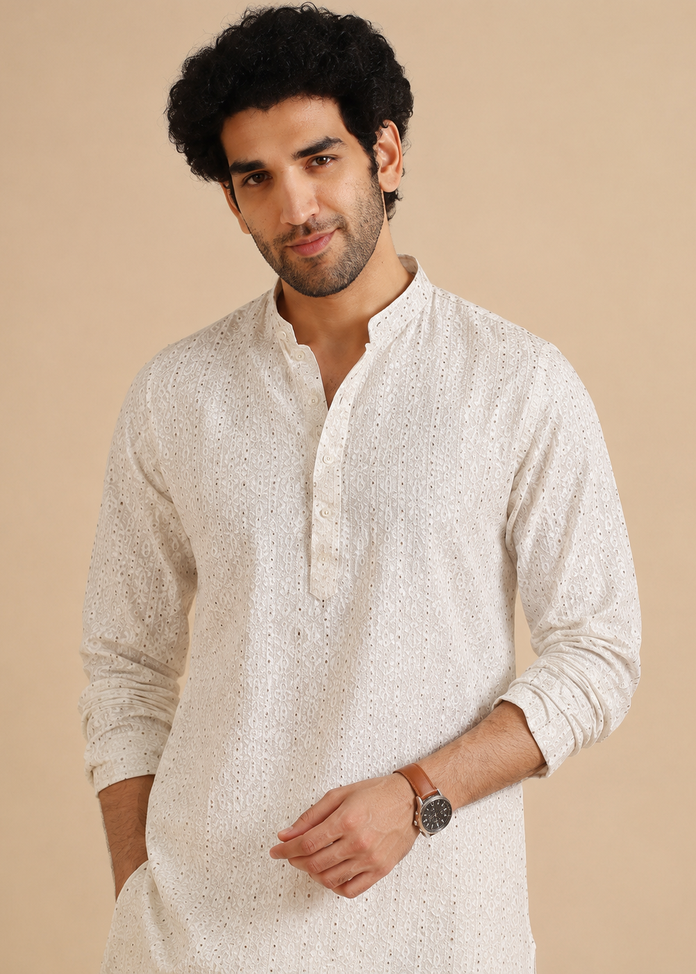 Off-White Embroidered Kurta Pajama Set