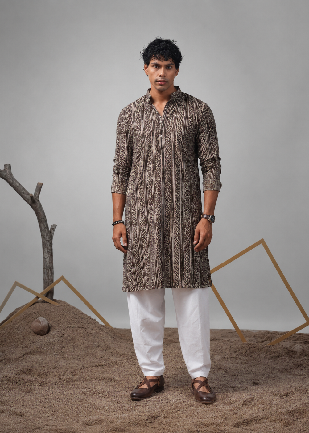 Men Geometric Printed Festive Straight Kurta Churidar Set
