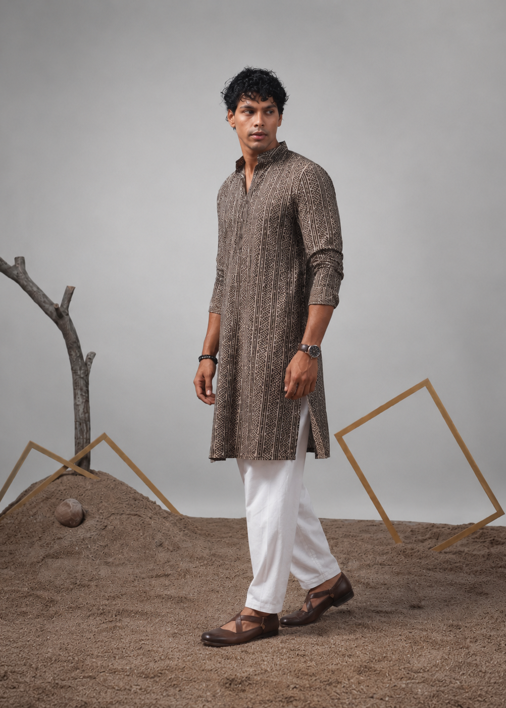 Men Geometric Printed Festive Straight Kurta Churidar Set