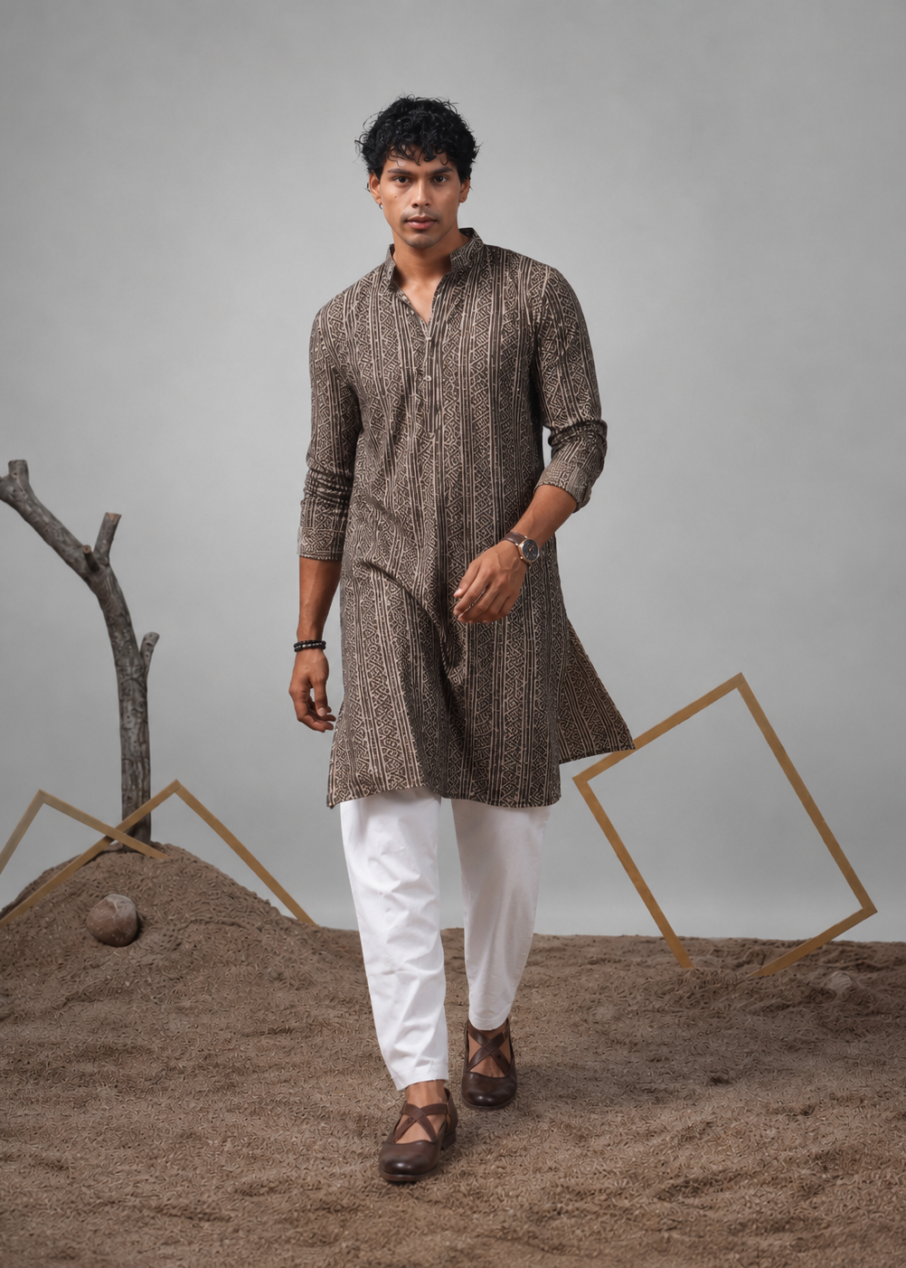 Men Geometric Printed Festive Straight Kurta Churidar Set