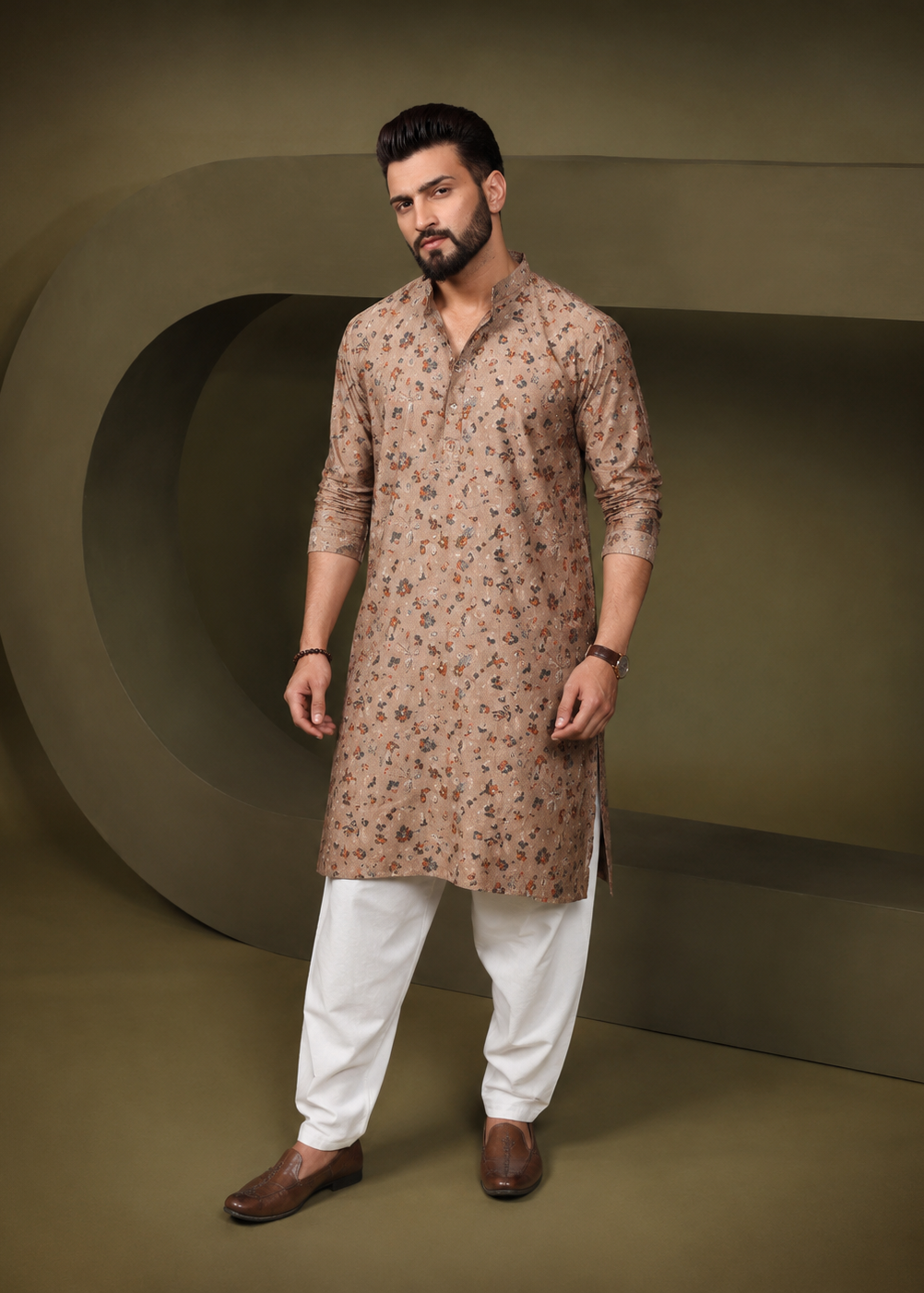 Men Brown Modal Silk Printed Kurta Churidar Set