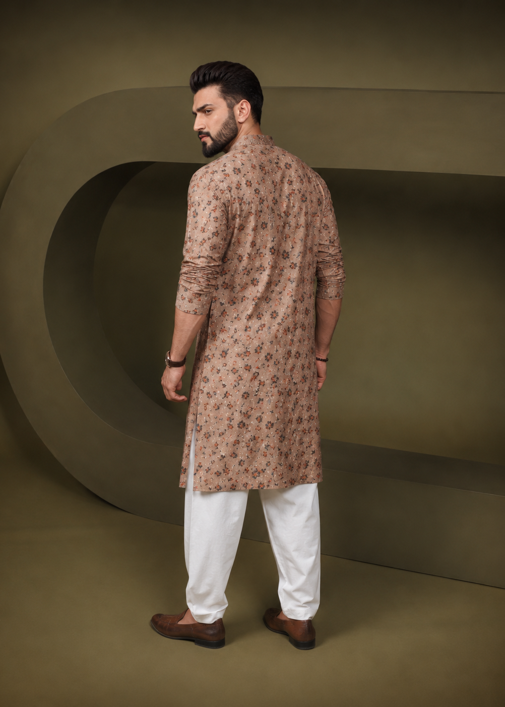 Men Brown Modal Silk Printed Kurta Churidar Set