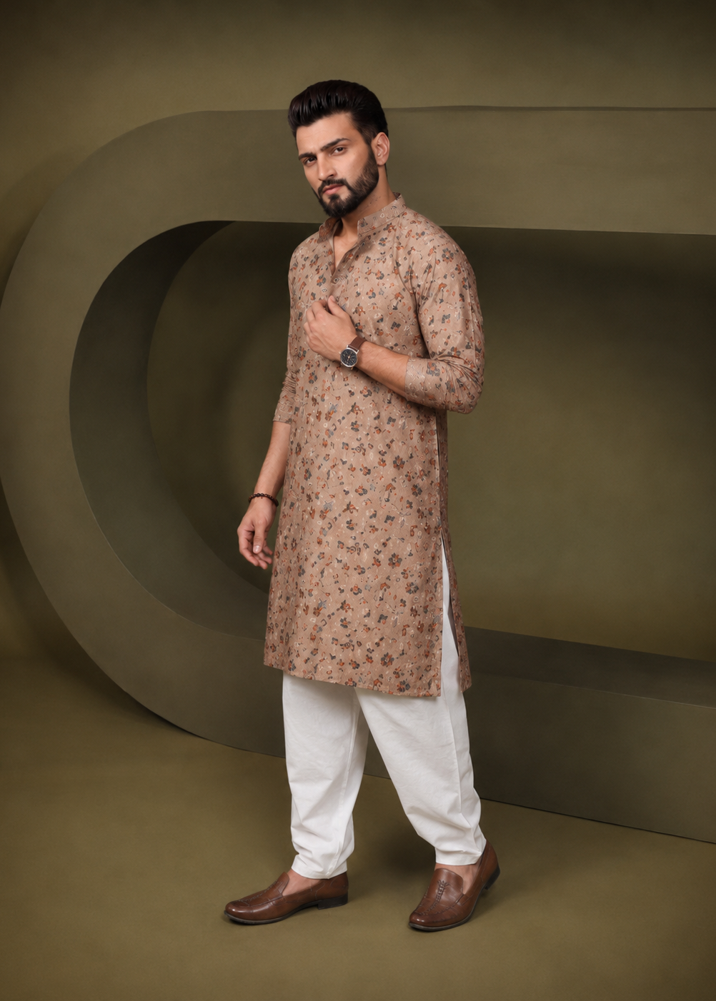 Men Brown Modal Silk Printed Kurta Churidar Set