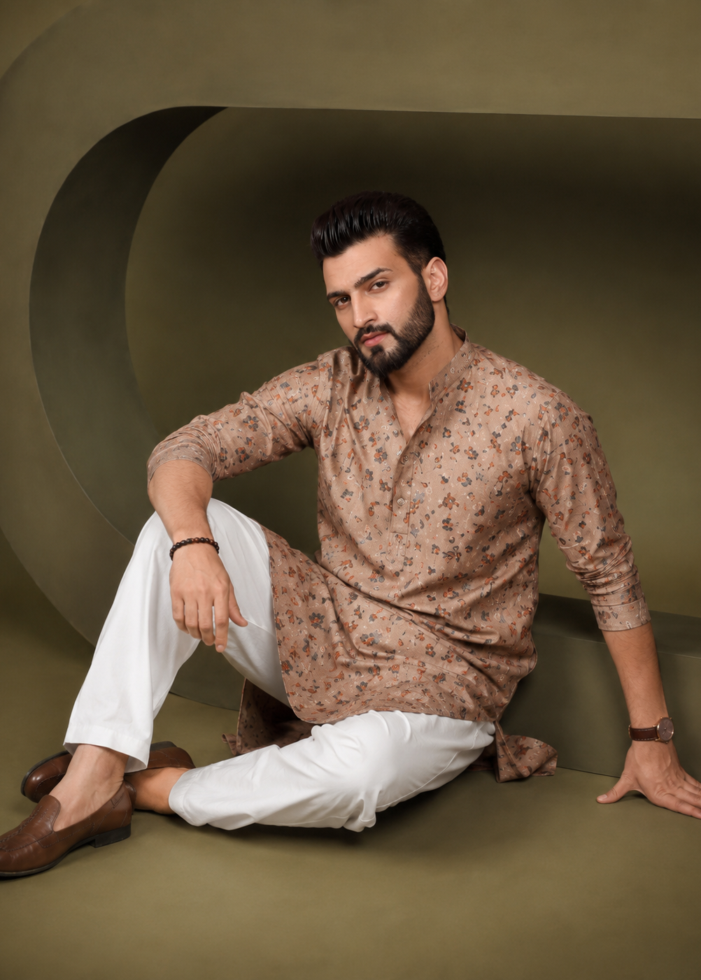 Men Brown Modal Silk Printed Kurta Churidar Set