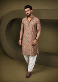 Men Brown Modal Silk Printed Kurta Churidar Set