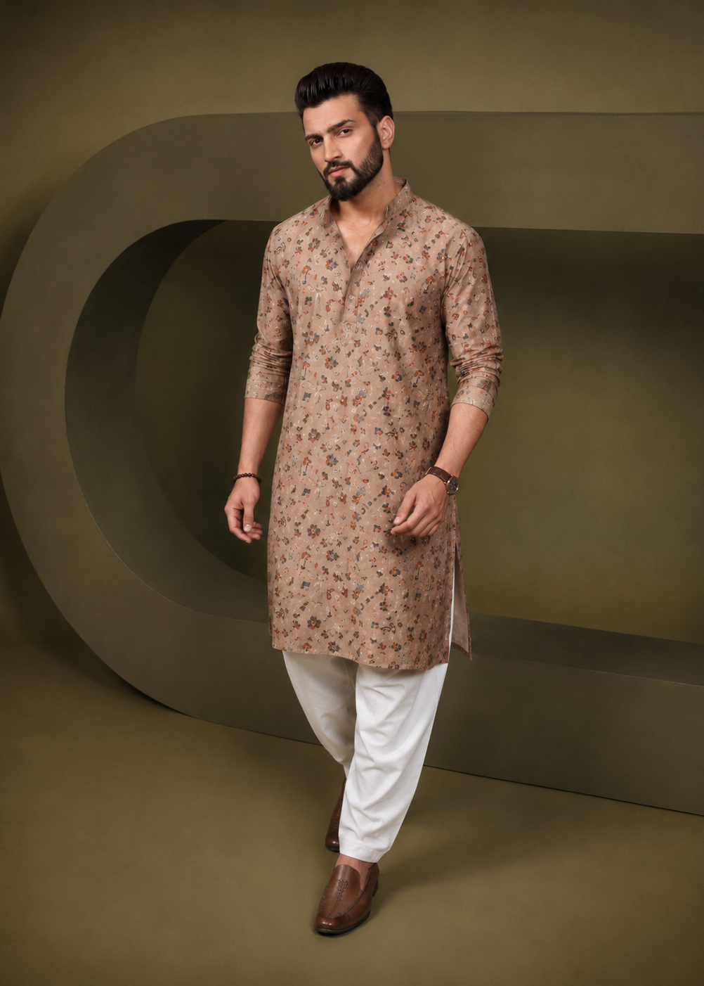 Men Brown Modal Silk Printed Kurta Churidar Set