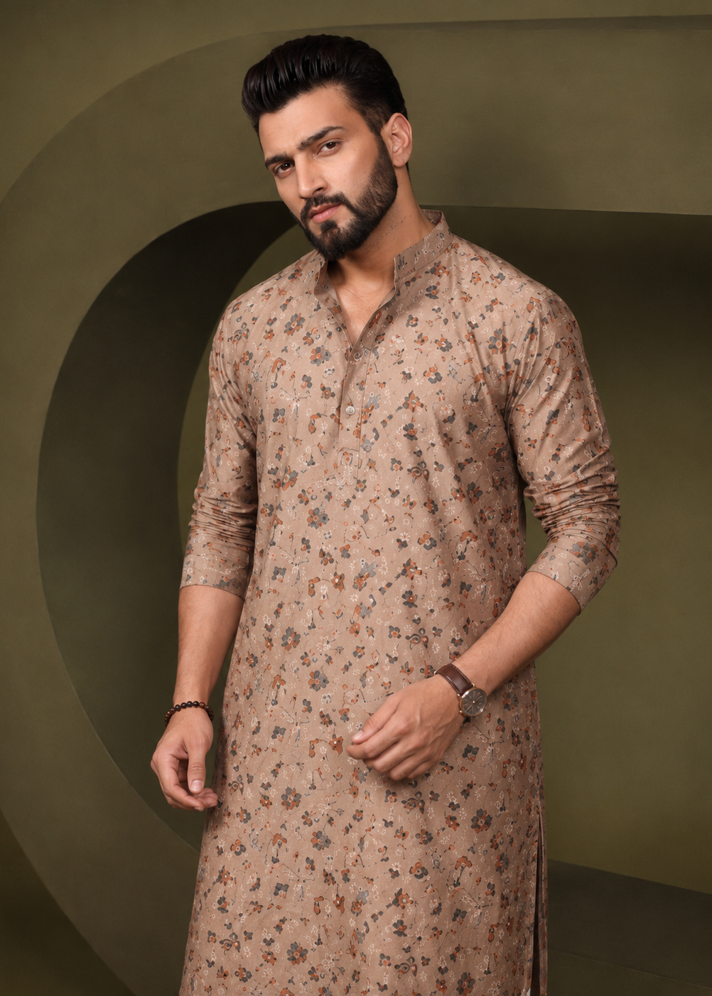Men Brown Modal Silk Printed Kurta Churidar Set
