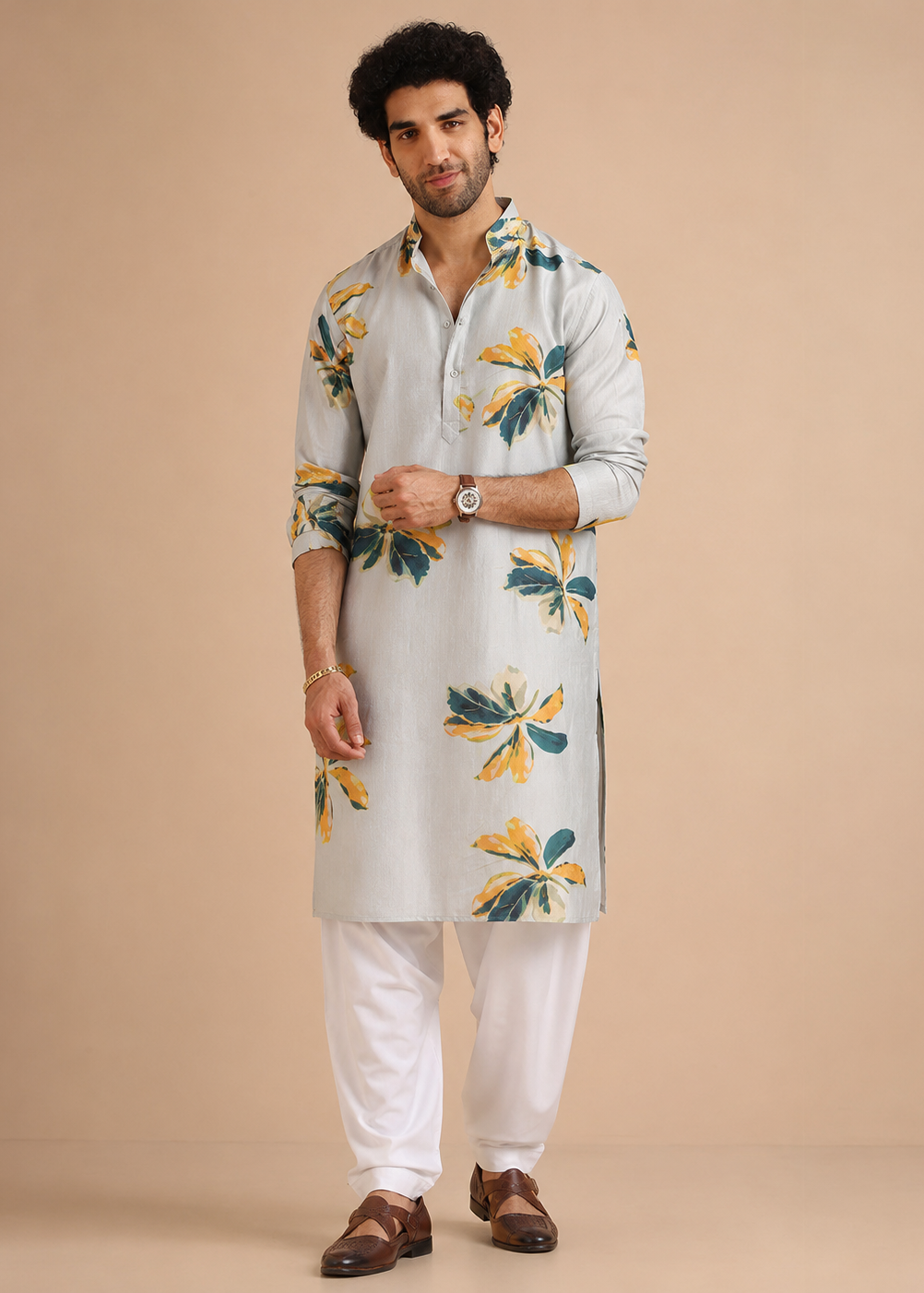 Grey Abstract Floral Print Kurta Churidar Set