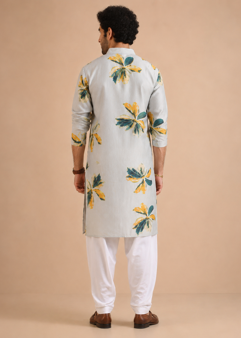 Grey Abstract Floral Print Kurta Churidar Set
