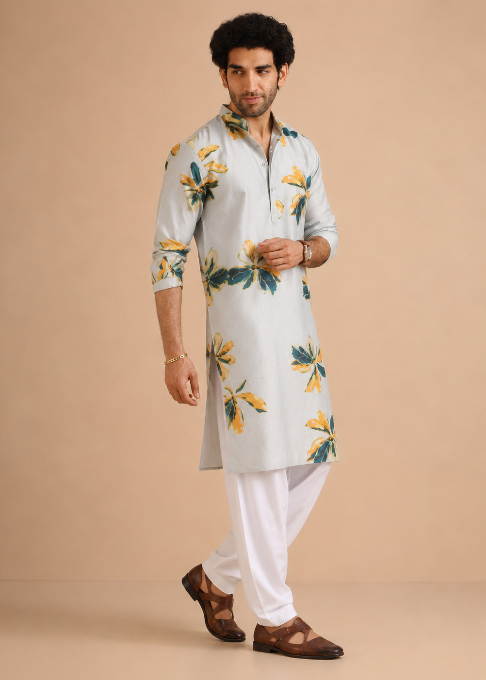 Grey Abstract Floral Print Kurta Churidar Set