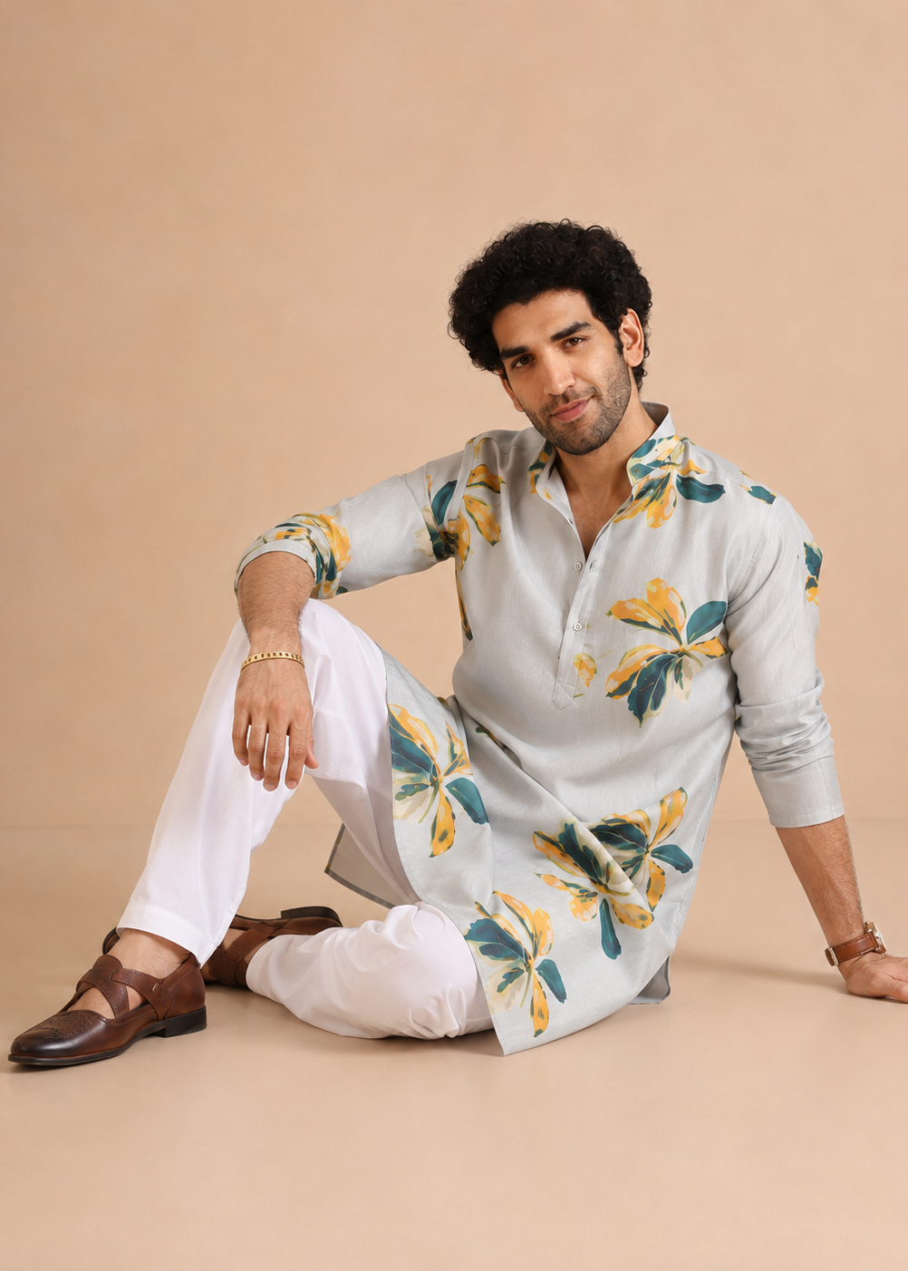 Grey Abstract Floral Print Kurta Churidar Set
