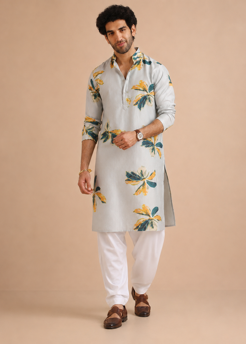 Grey Abstract Floral Print Kurta Churidar Set