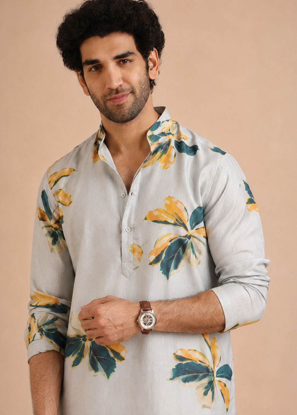 Grey Abstract Floral Print Kurta Churidar Set