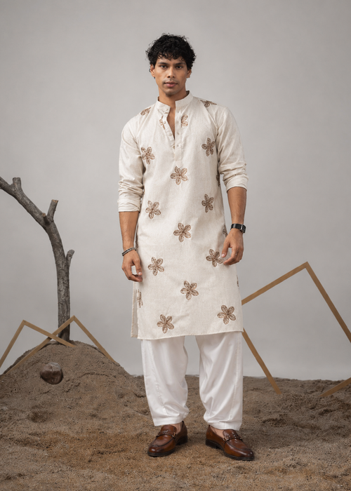 Men Cream Star Embroided Kurta Dhoti Set