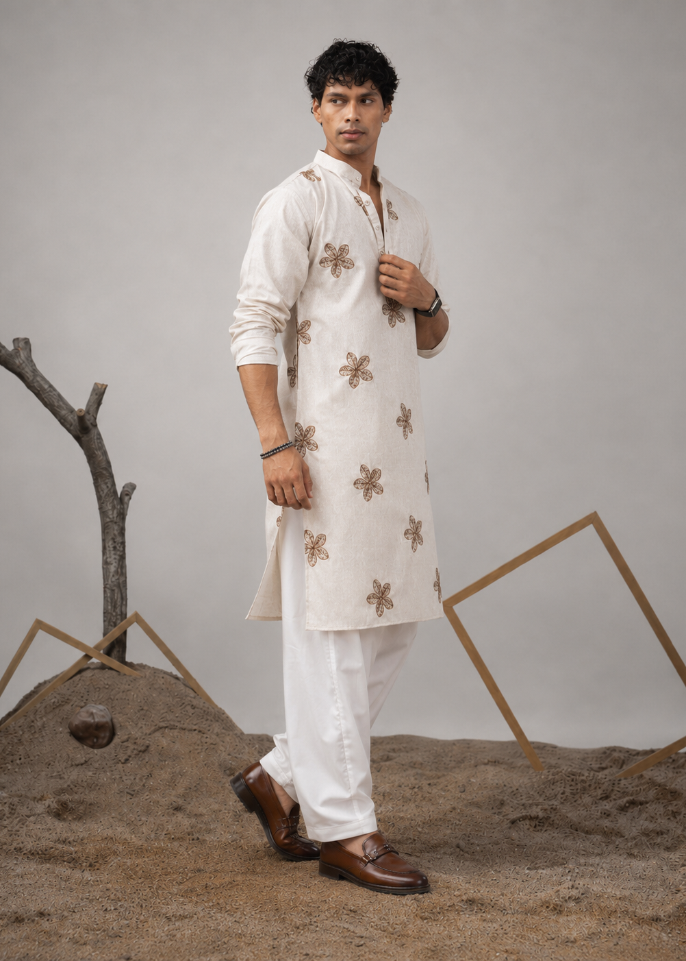 Men Cream Star Embroided Kurta Dhoti Set