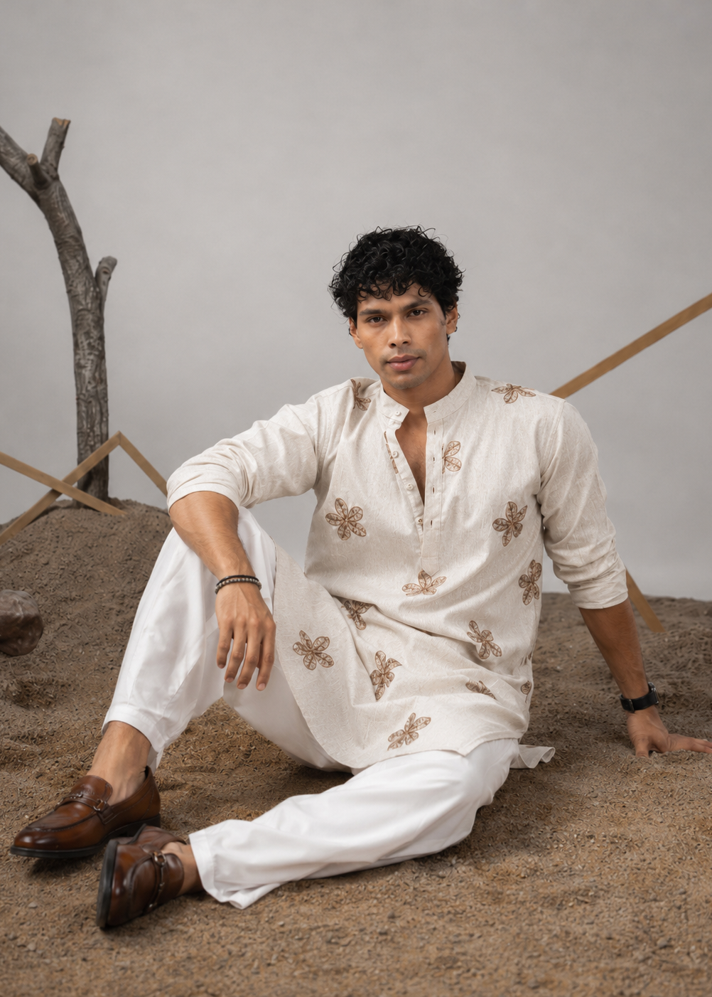 Men Cream Star Embroided Kurta Dhoti Set