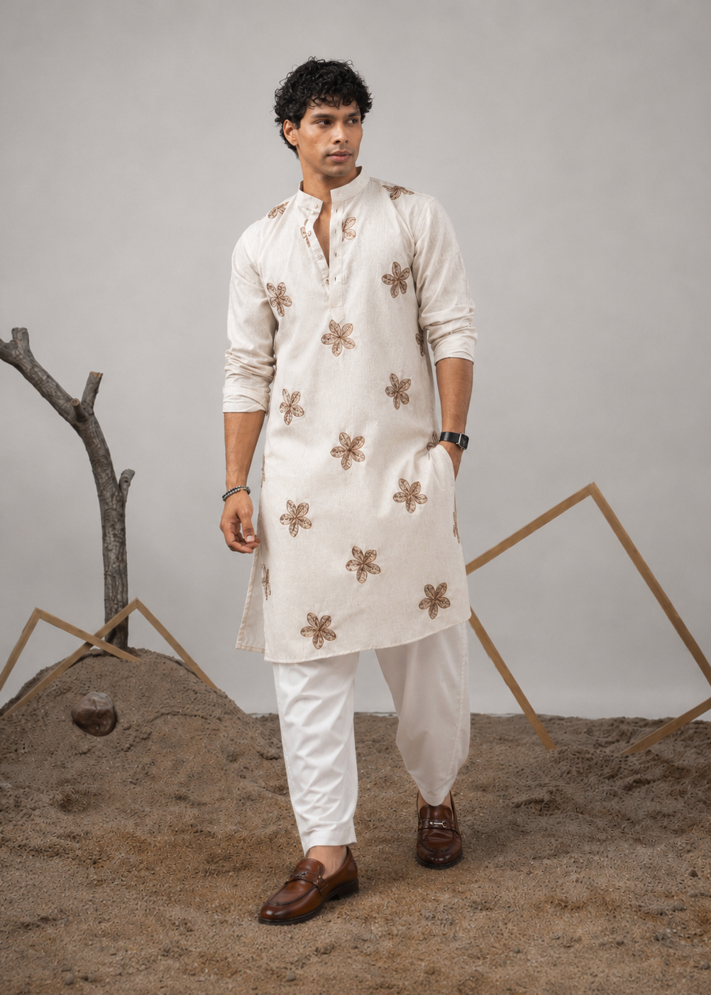 Men Cream Star Embroided Kurta Dhoti Set