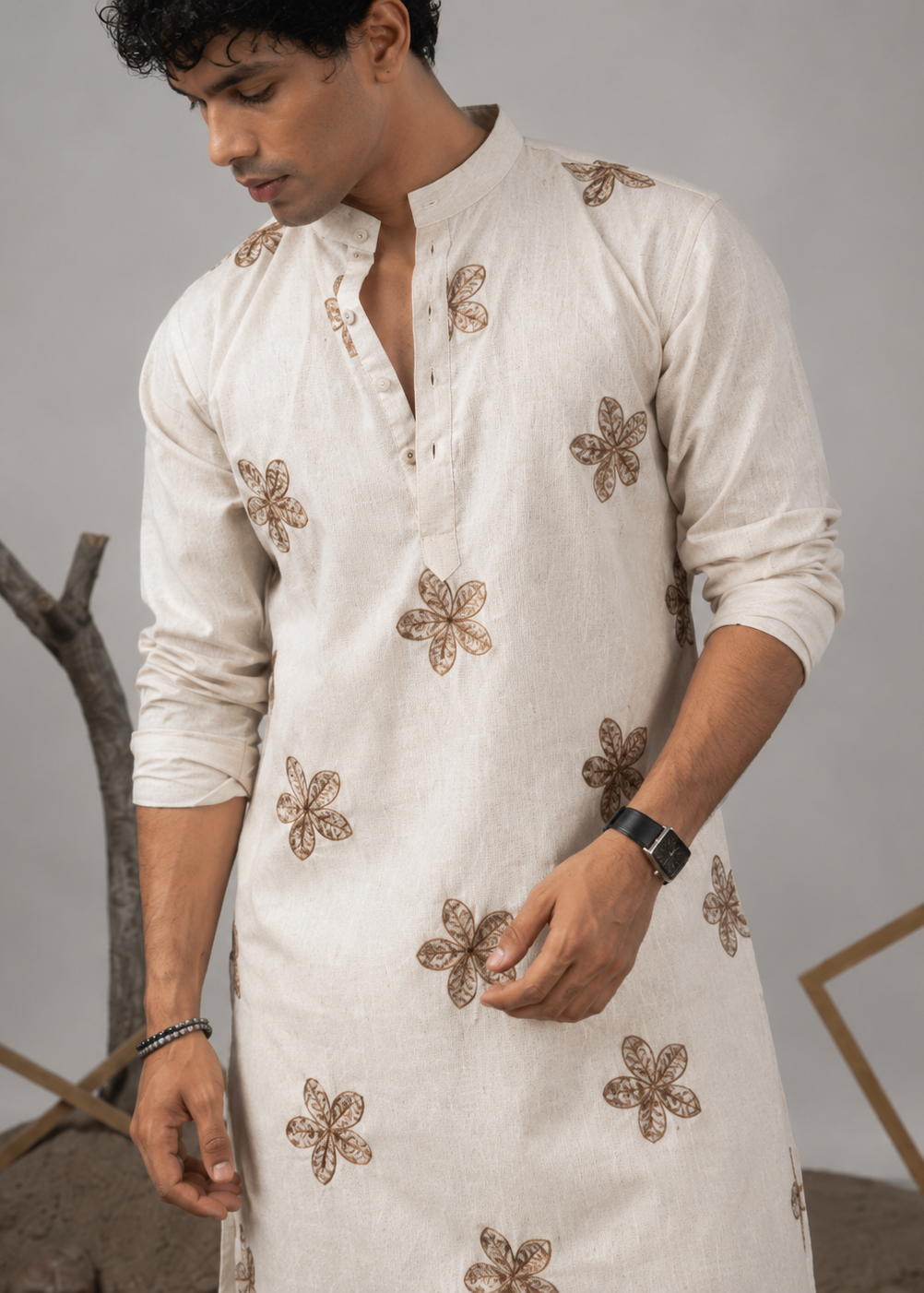 Men Cream Star Embroided Kurta Dhoti Set