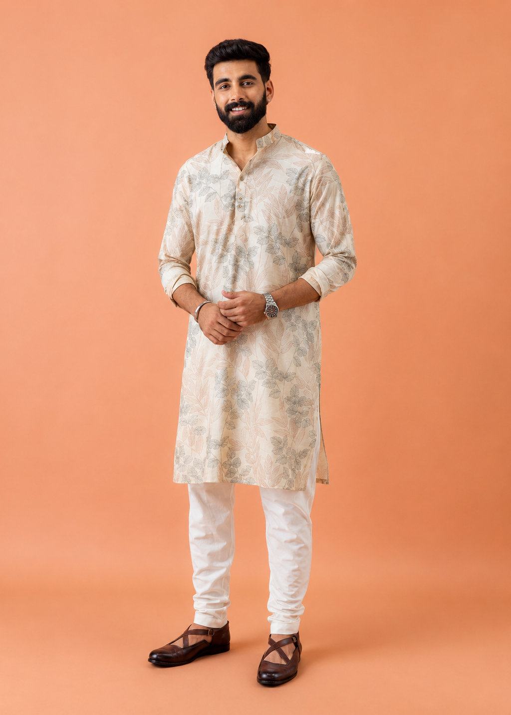Men Cream Floral Print Kurta Trouser Set