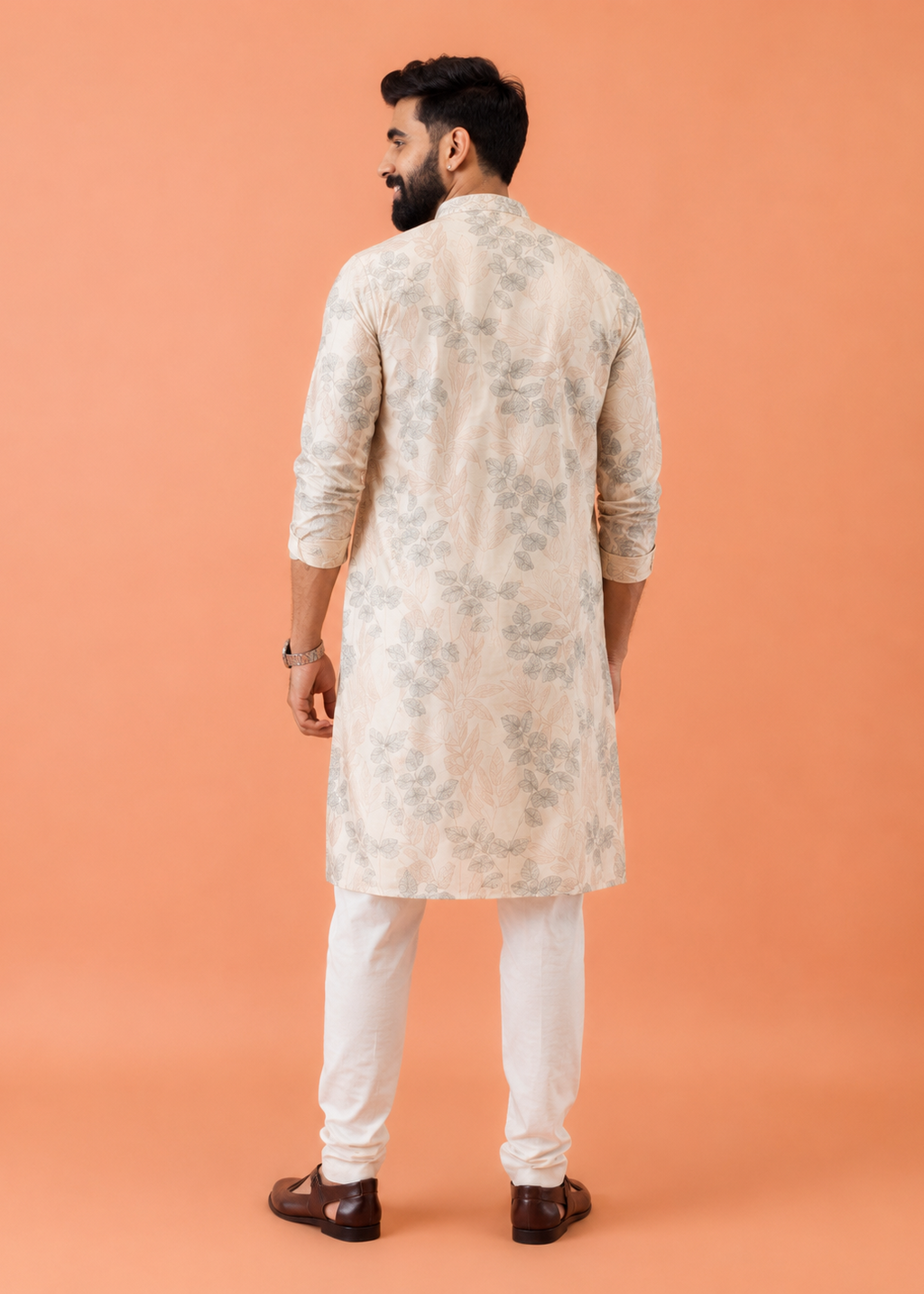 Men Cream Floral Print Kurta Trouser Set