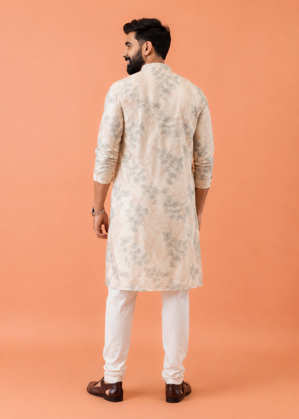 Men Cream Floral Print Kurta Trouser Set