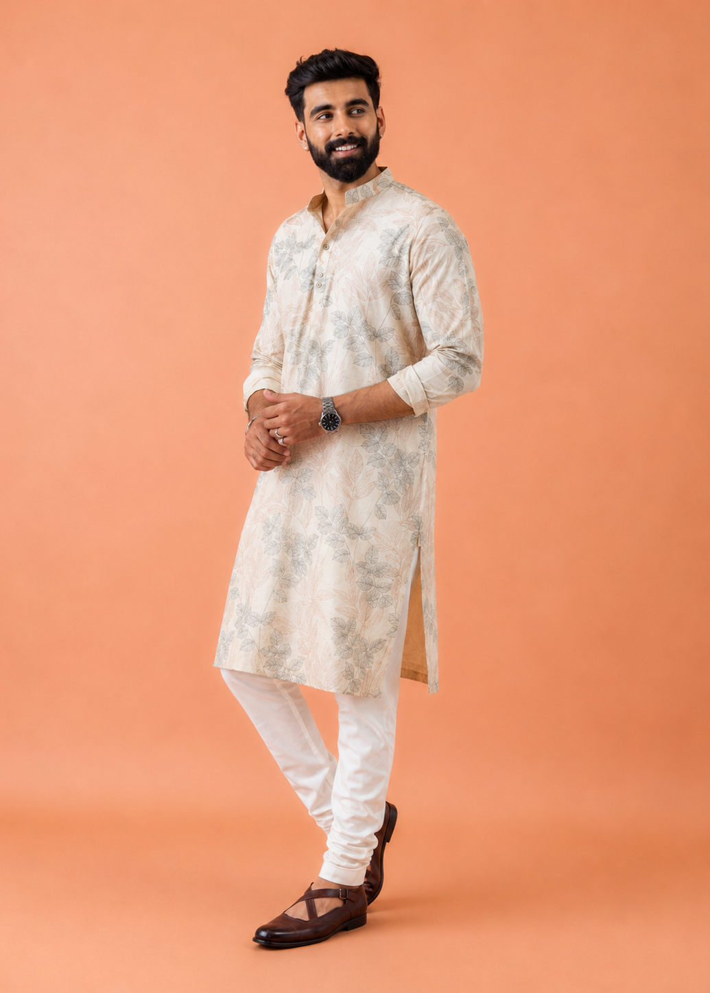 Men Cream Floral Print Kurta Trouser Set