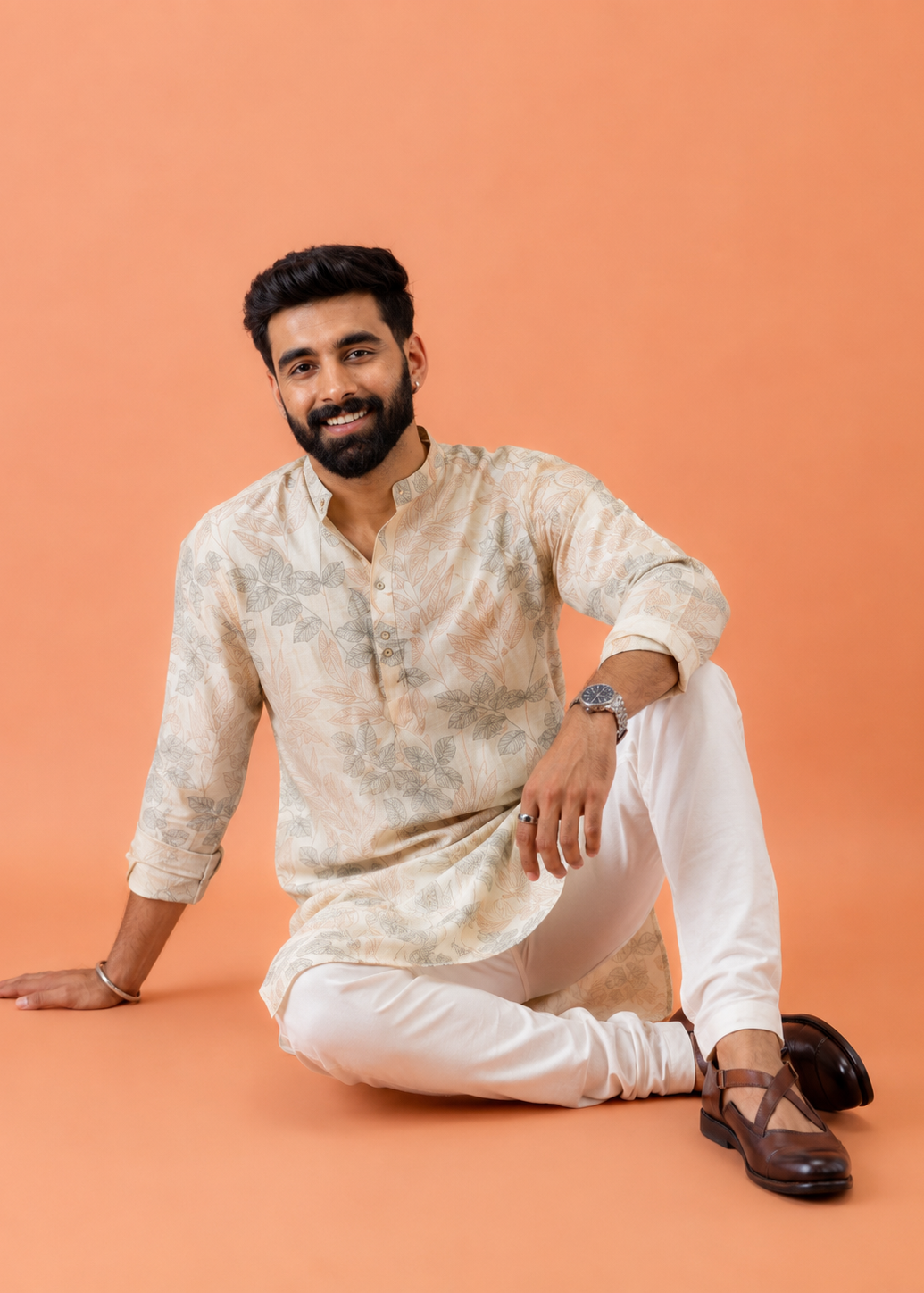 Men Cream Floral Print Kurta Trouser Set
