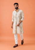 Men Cream Floral Print Kurta Trouser Set