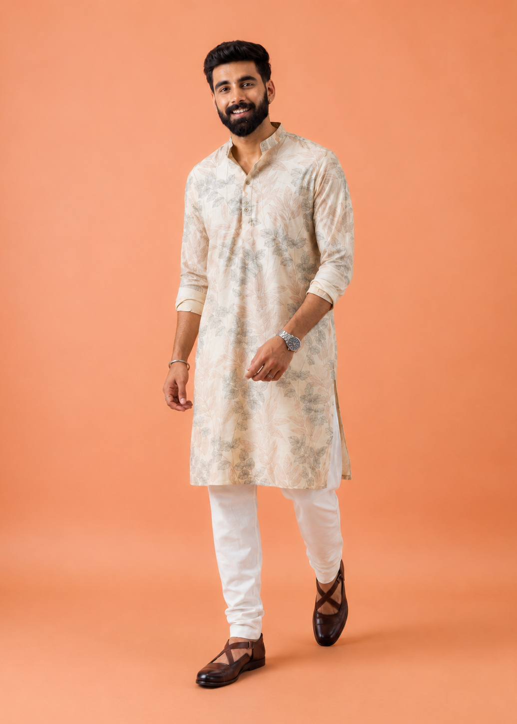 Men Cream Floral Print Kurta Trouser Set