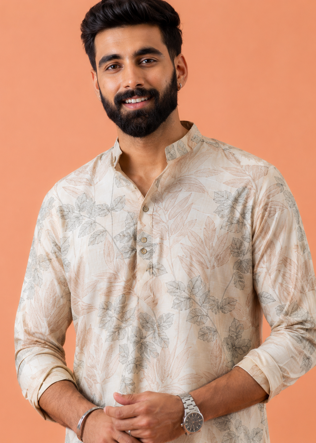 Men Cream Floral Print Kurta Trouser Set