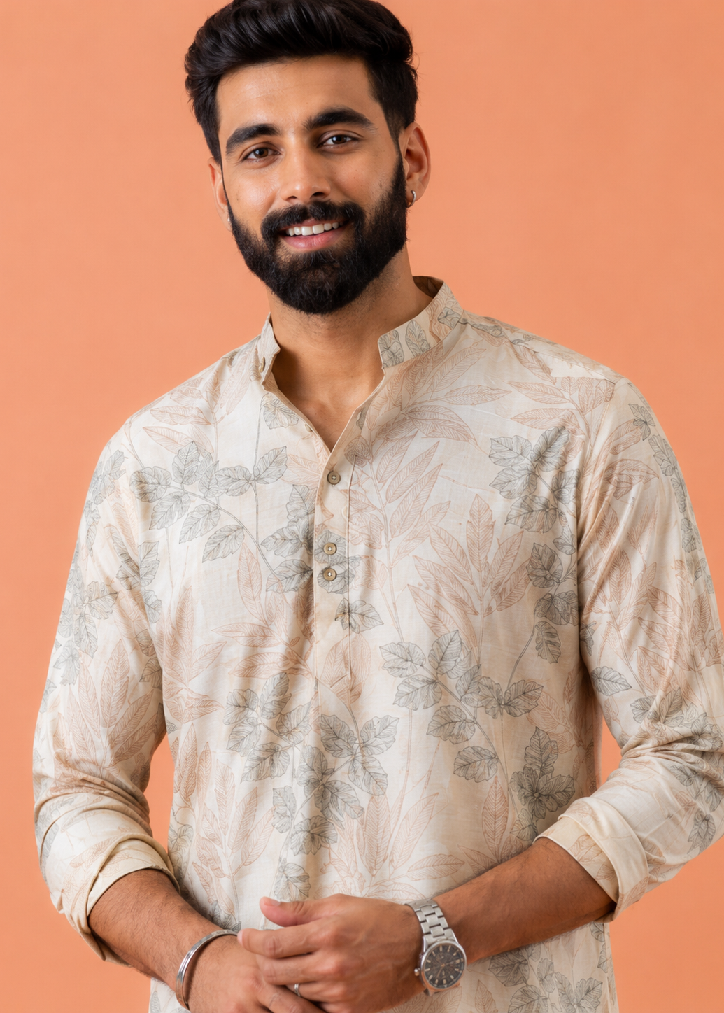 Men Cream Floral Print Kurta Trouser Set