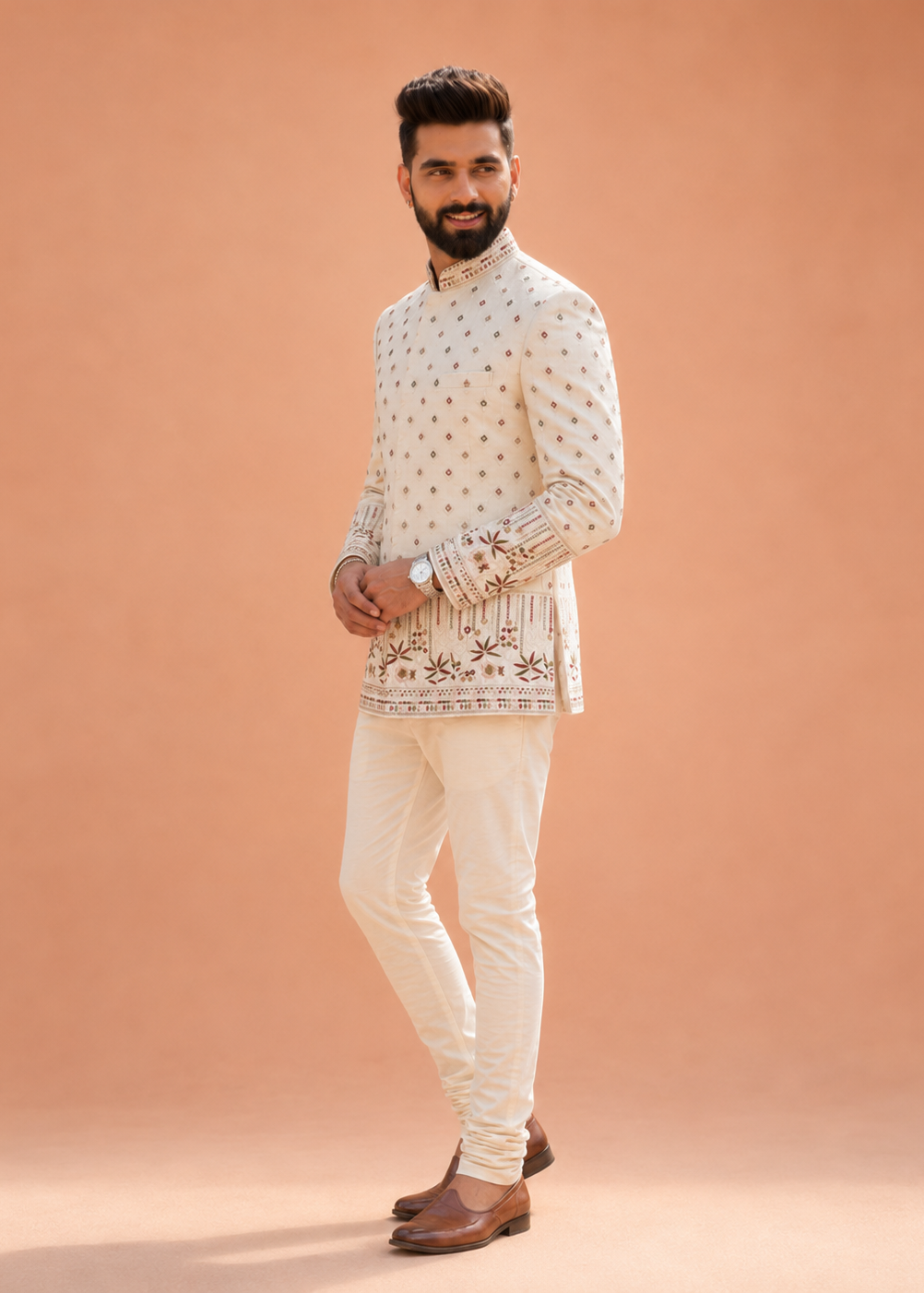 Cream Floral Embroidered Indo-Western Pant Set