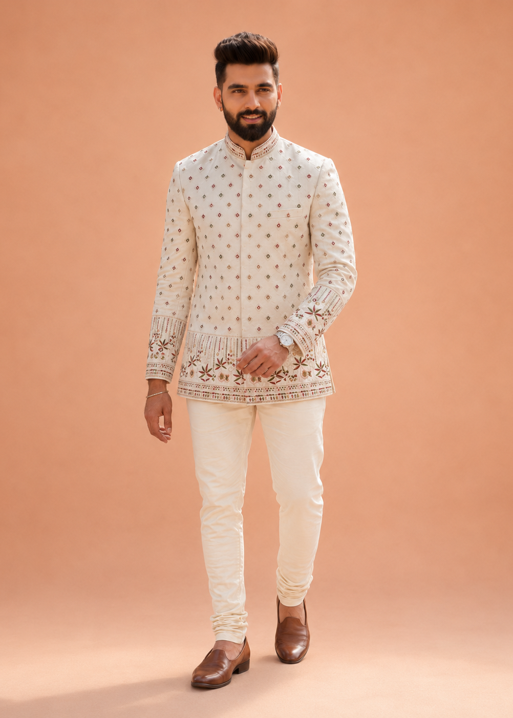 Cream Floral Embroidered Indo-Western Pant Set