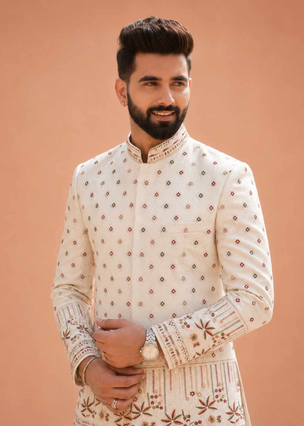 Cream Floral Embroidered Indo-Western Pant Set