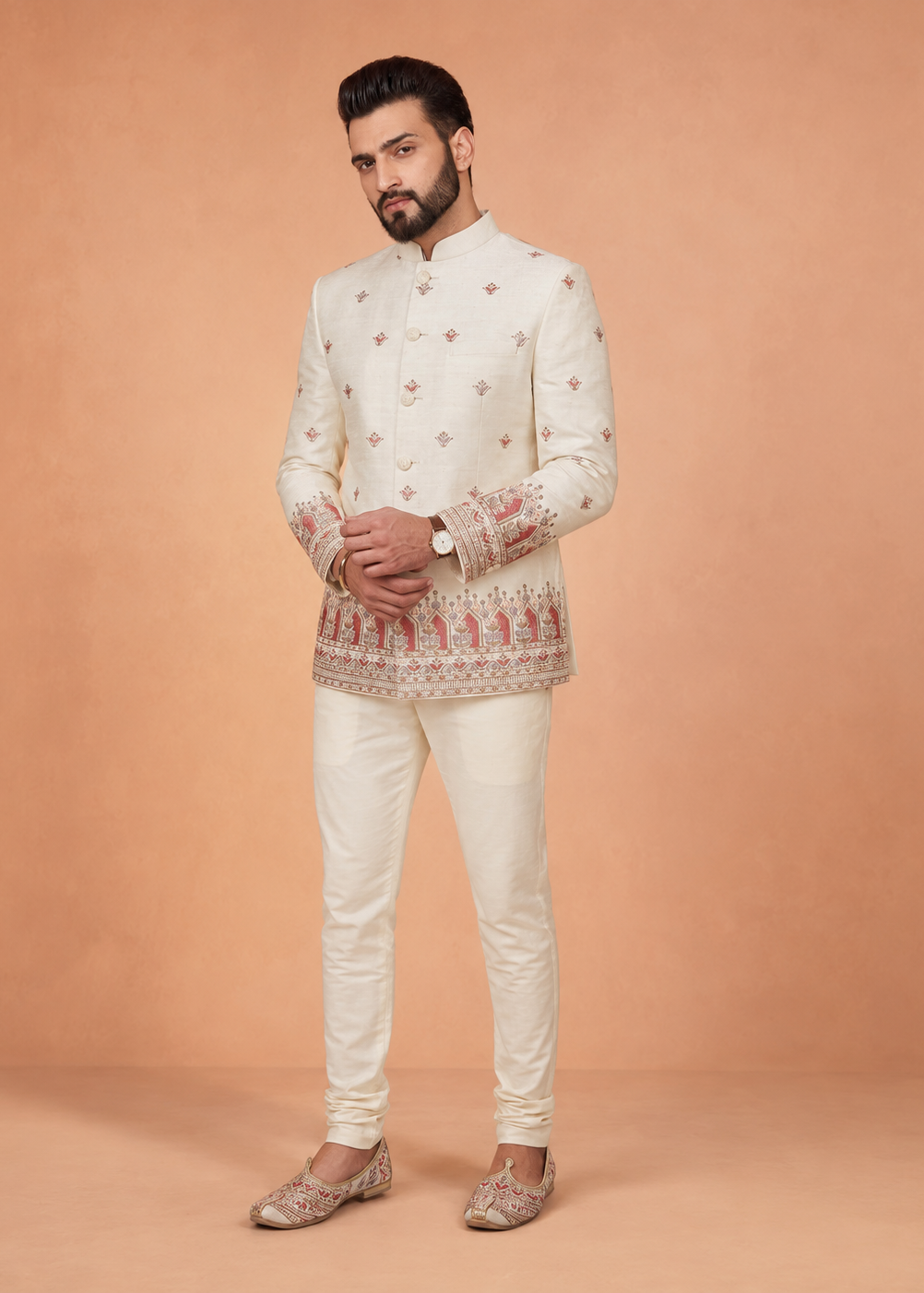 Men White Embroidered Indo-Western Pant Set
