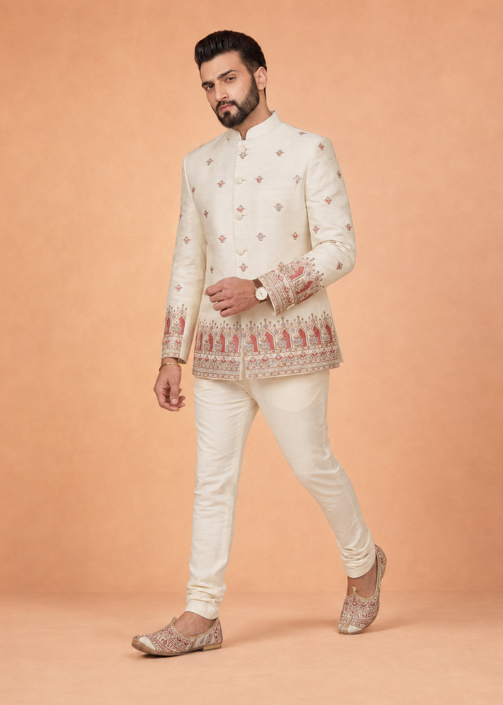Men White Embroidered Indo-Western Pant Set
