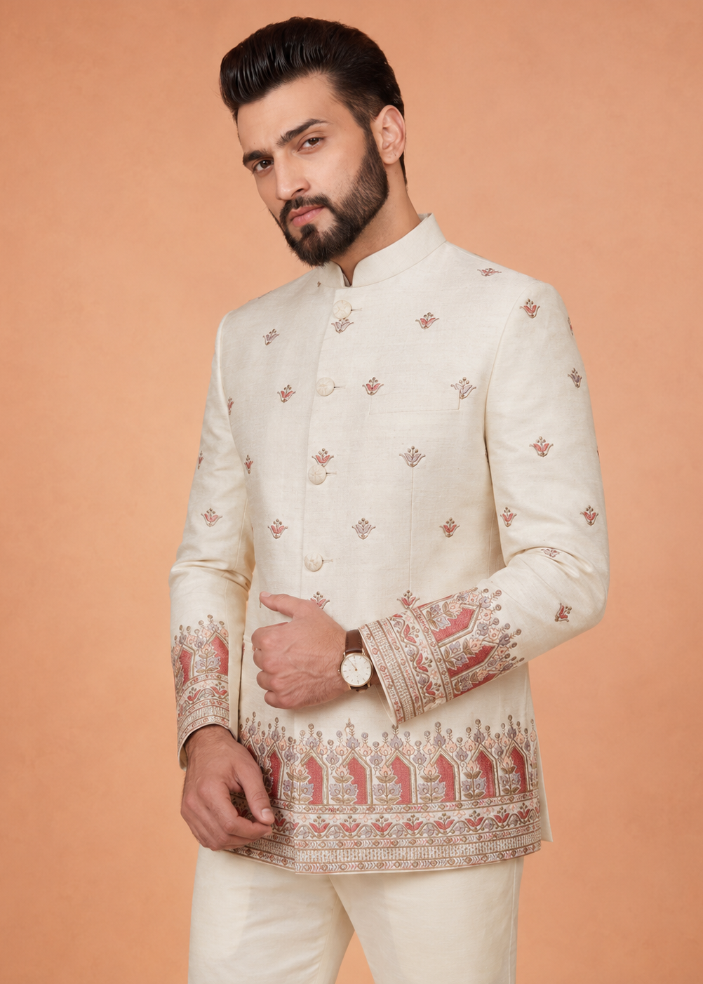 Men White Embroidered Indo-Western Pant Set