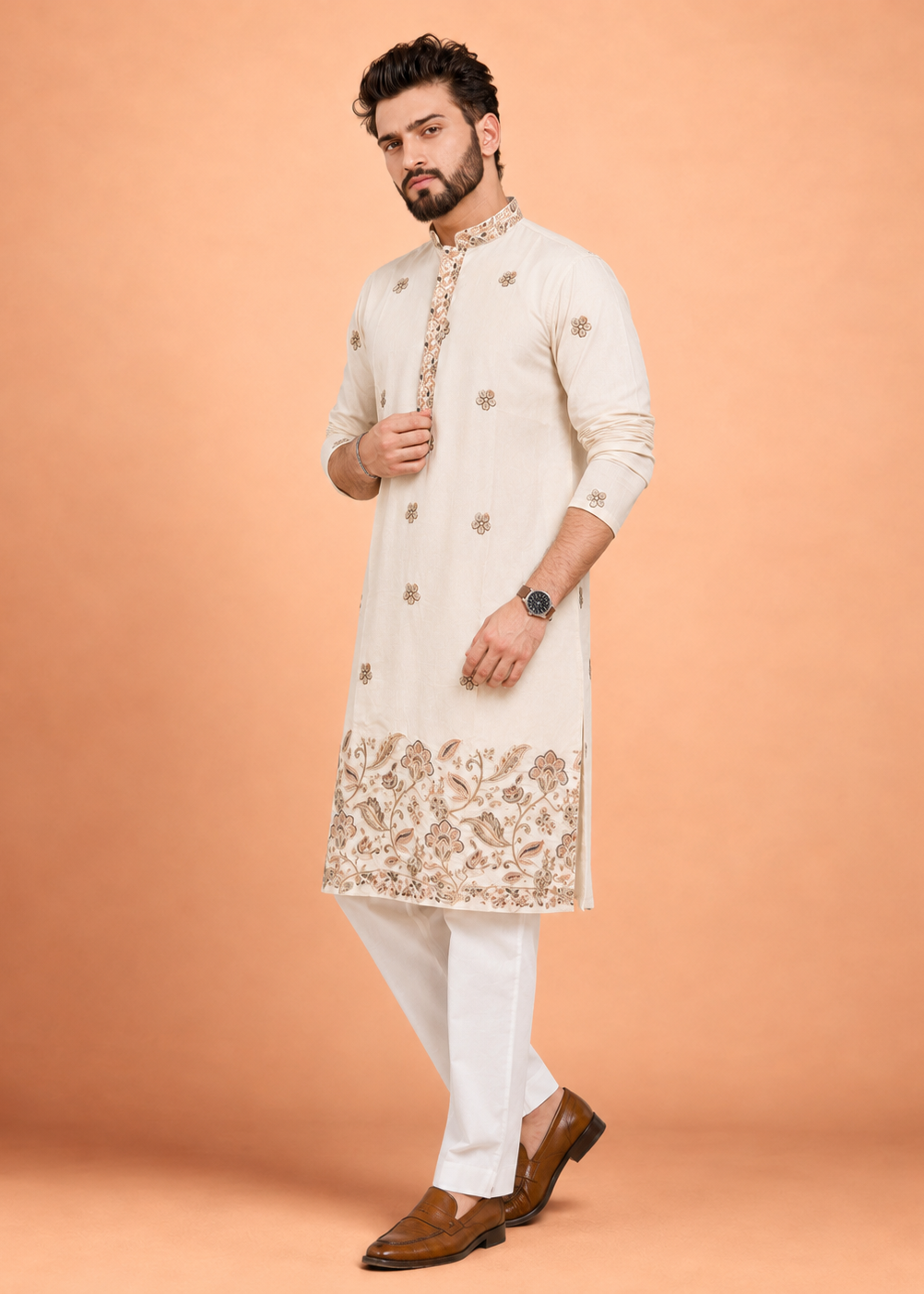 Men Cream Floral Embroidered Kurta Trouser Set