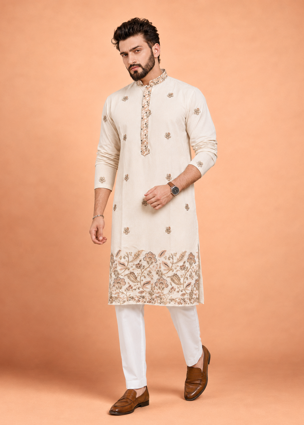 Men Cream Floral Embroidered Kurta Trouser Set