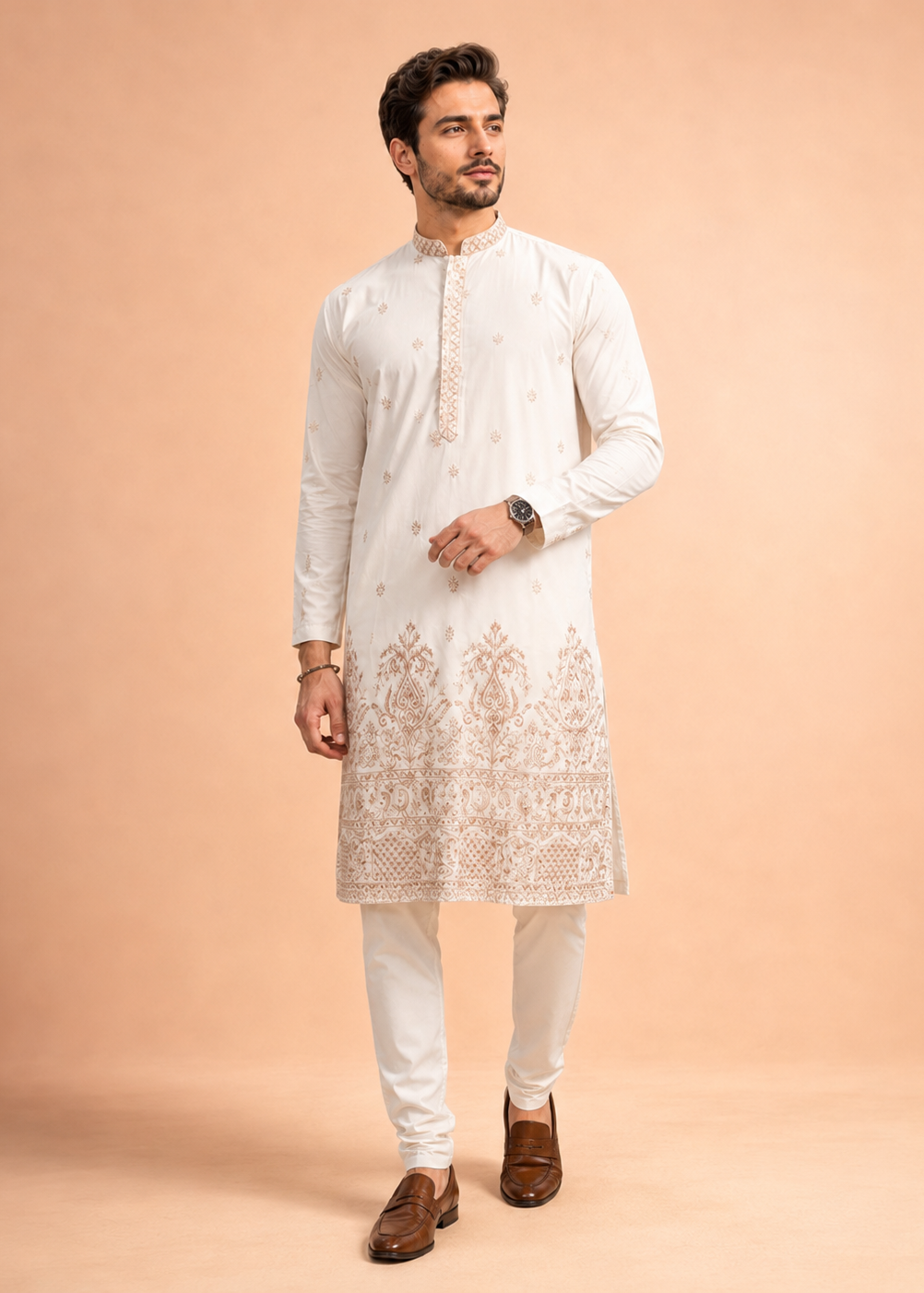 Men Cream Paisley Kurta Trouser Set