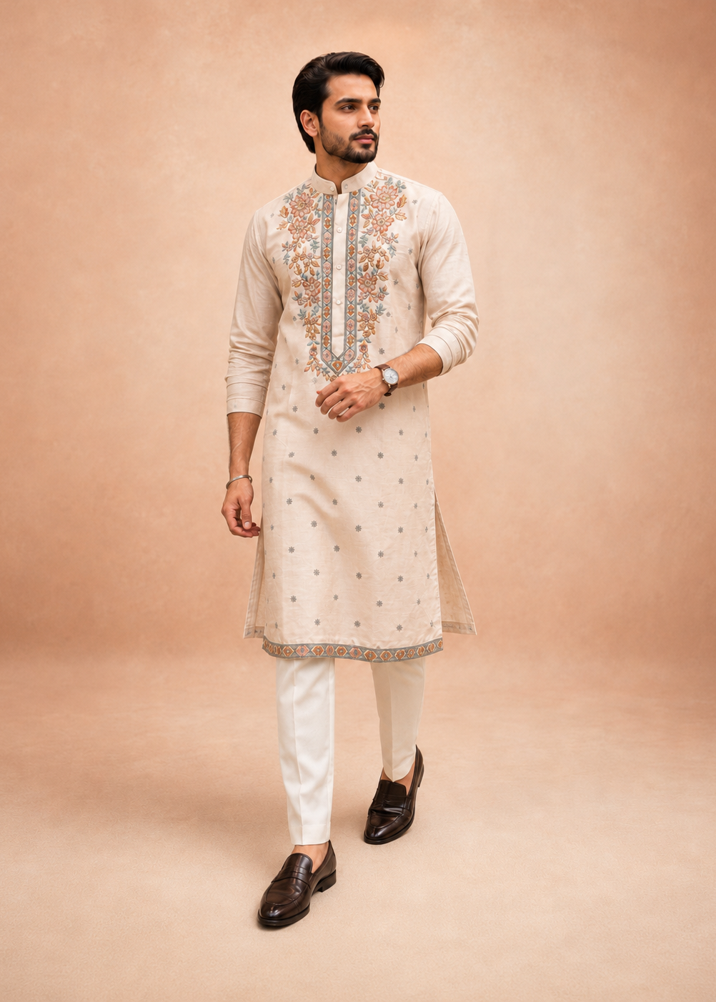 Men Pastel Embellished Kurta Trouser Set