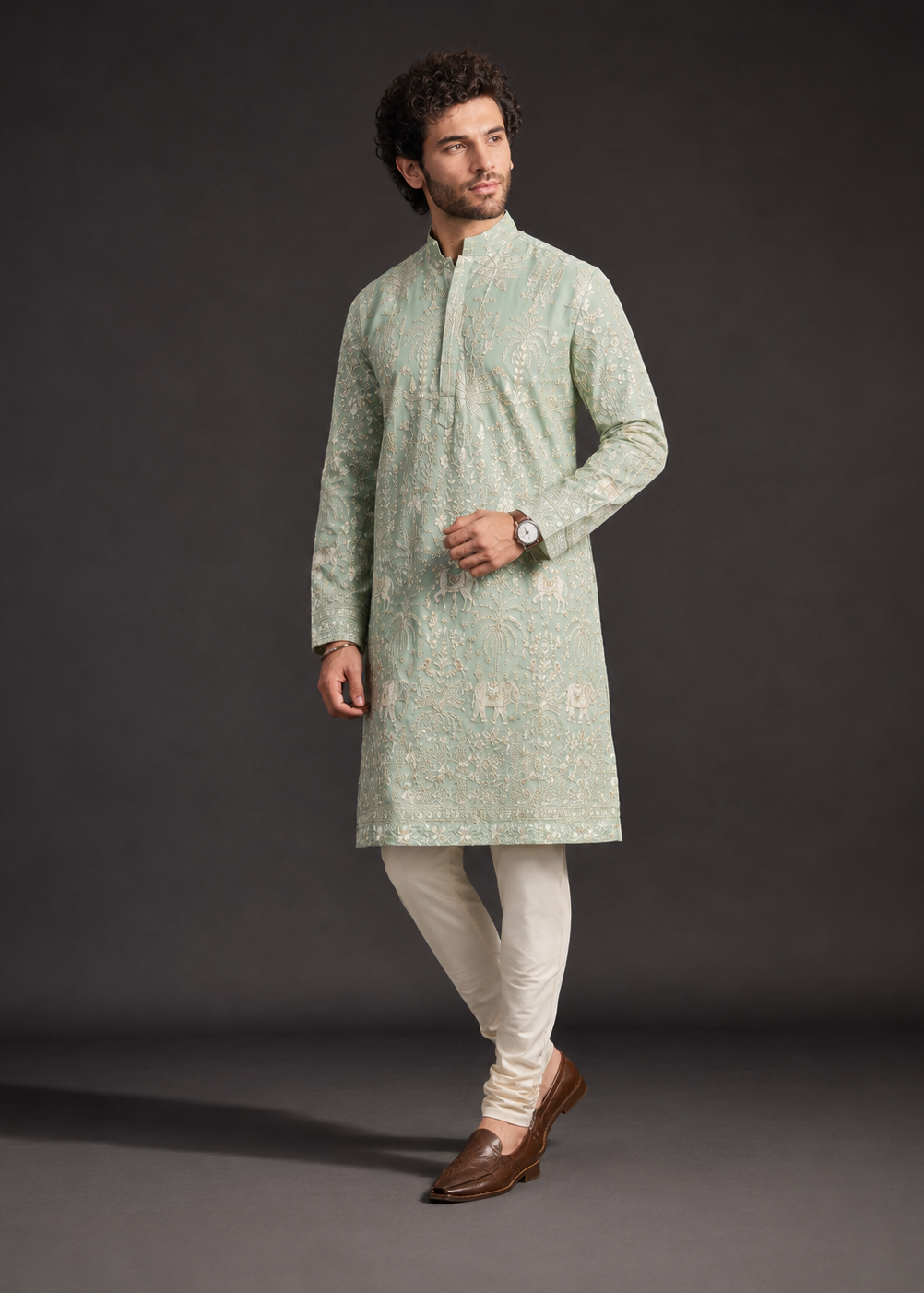 Men Mint Embroidered Kurta Trouser Set