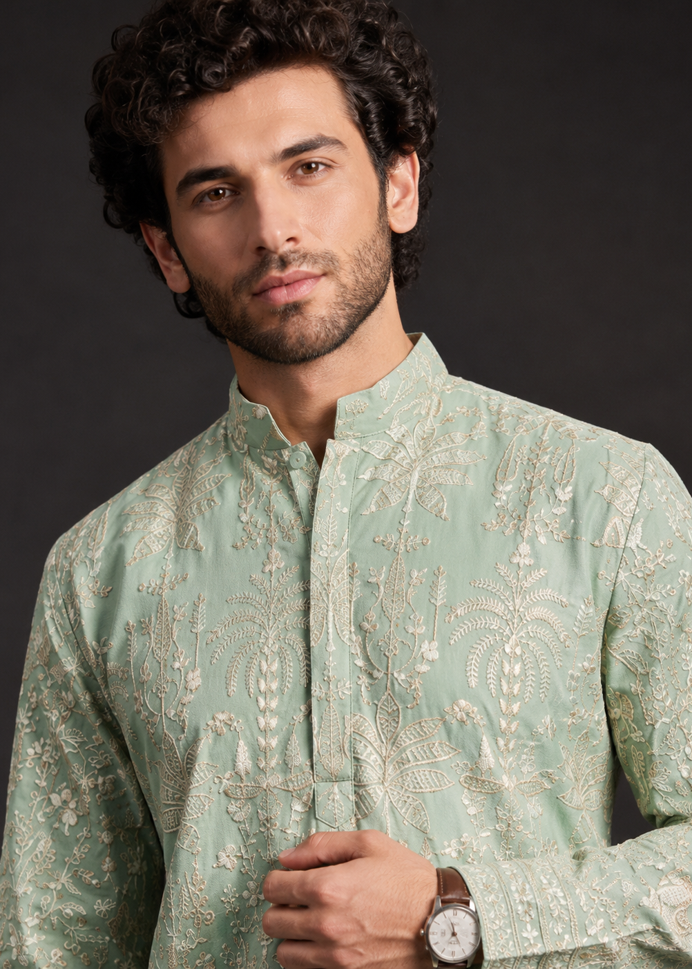Men Mint Embroidered Kurta Trouser Set