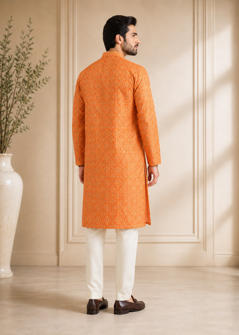 Men Orange Printed Kurta Trouser  Set