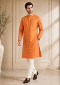 Men Orange Printed Kurta Trouser  Set