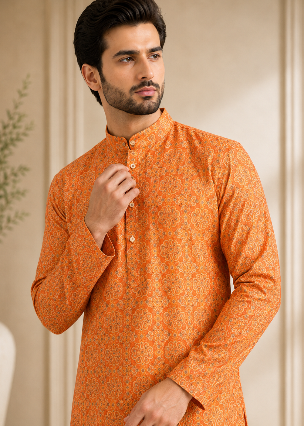 Men Orange Printed Kurta Trouser  Set